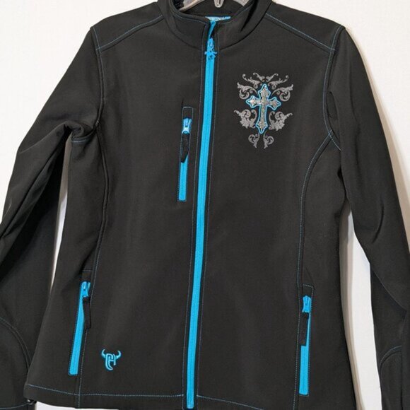 COWGIRL HARDWARE, Black Western Slim Fit Jacket; Bling Cross; Teal Trim; Size L - Picture 2 of 6